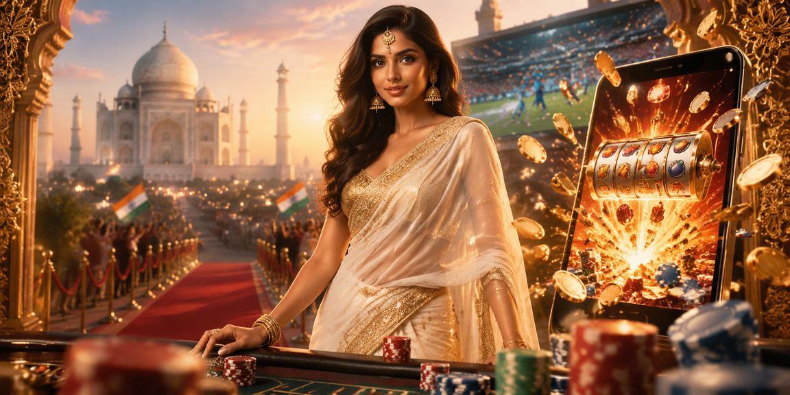 Player enjoying slot game at night in traditional Indian clothing
